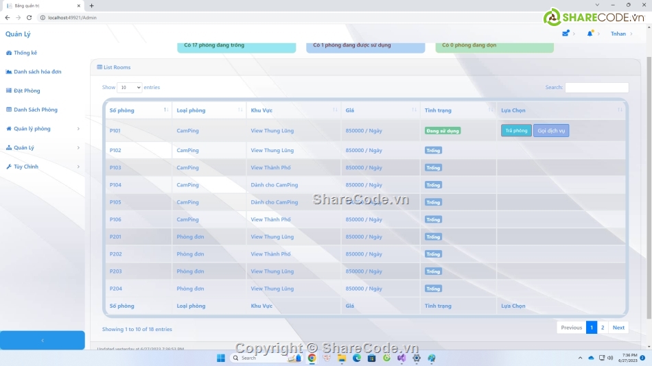 Code quản lý,web quản lý,full báo cáo,khách sạn,homestay,aps/asp.net